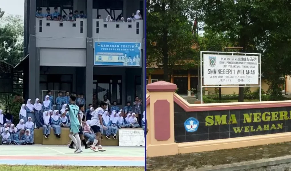 Siswa dan guru SMAN 1 Welahan berdiri di depan gedung sekolah dengan semangat belajar, mencerminkan sekolah unggul yang mencetak generasi emas Indonesia.