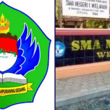 Gedung utama SMAN 1 Welahan dengan siswa-siswi berbaris di lapangan upacara, melambangkan sekolah unggul yang mencetak generasi emas di Jepara.