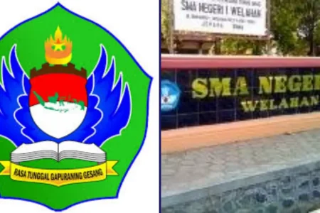 Gedung utama SMAN 1 Welahan dengan siswa-siswi berbaris di lapangan upacara, melambangkan sekolah unggul yang mencetak generasi emas di Jepara.